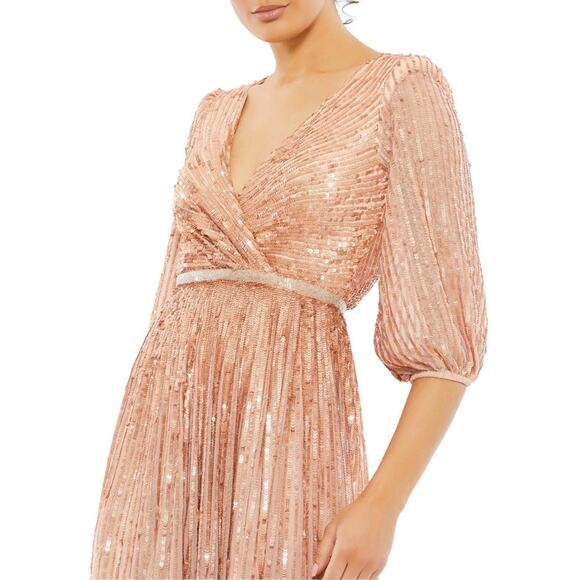 NEW Mac Duggal Sequined Wrap Over 3/4 Sleeve Gown in Apricot Size 18 - Picture 2 of 12